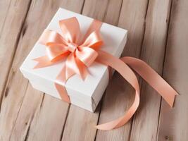 AI generated White gift boxes with peach ribbon on wooden background. Holiday present boxes, tied with wrapping ribbon photo