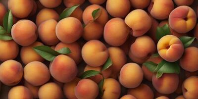 AI generated A close up of delicious fresh peaches. Top view. Fruit background for banners, posters, cards photo