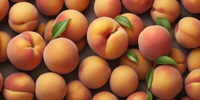AI generated A close up of delicious fresh peaches. Top view. Fruit background for banners, posters, cards photo