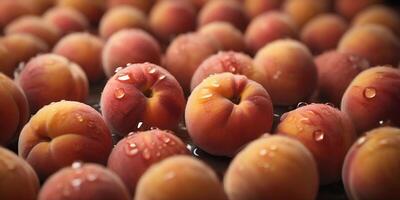 AI generated A close up of delicious fresh peaches. Top view. Fruit background for banners, posters, cards photo