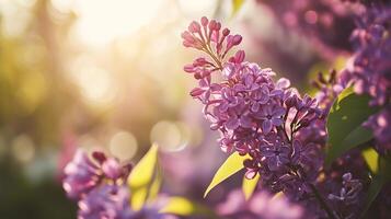 AI generated Beautiful spring flowers lilac in the sunlight with copy space. photo