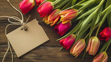 AI generated Blank tag with fresh spring tulips photo