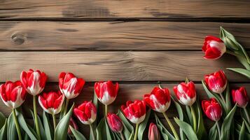 AI generated Fresh springtime tulip flowers border with copy space photo