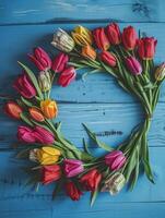 AI generated Spring wreath made with tulips isolated on blue wooden background. photo