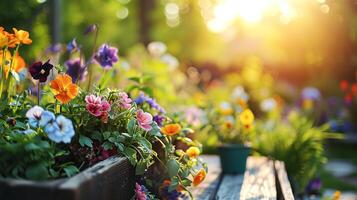 ai generado jardinería concepto. jardín flores y plantas en un soleado primavera antecedentes foto