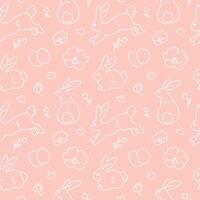 Cute hand drawn Easter seamless pattern with bunnies, flowers, easter eggs, beautiful background, great for Easter Cards, banner, textiles, wallpapers - vector design