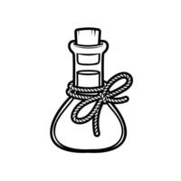 Vector black and white image of a bottle with a potion. Magic liquid. Sticker for Halloween. Black and white graphics.