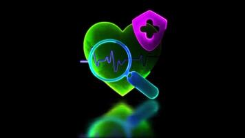 Looping neon glow effect magnifying glass heart icon Heart protection, black background video