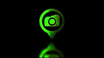 Looping neon glow effect Check-in photo icon, black background video