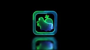 Neon glow effect looping ghost icon walking around grave, Halloween, black background. video