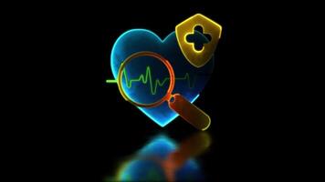 looping neon splendore effetto ingrandimento bicchiere cuore icona cuore protezione, nero sfondo video