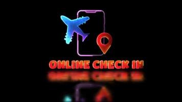 Looping neon glow effect Flight check-in icon, black background video