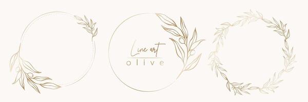 Botanical line illustration set of olive leaves, branch wreath for wedding invitation and cards, logo design, web, social media and posters template. Elegant minimal style floral vector isolated.