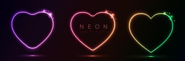 Set of glowing neon color heart shape with wavy dynamic lines on black background technology concept. Love light frame border for badges, price tag, label cards, logo design, valentines day. vector