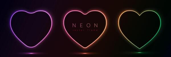 Set of glowing neon color heart shape with wavy dynamic lines on black background technology concept. Love light frame border for badges, price tag, label cards, logo design, valentines day. vector