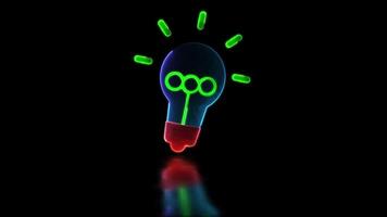 Looping neon glow effect Light bulb icon showing idea, black background video