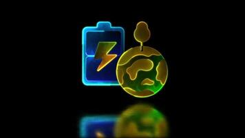 Looping neon glow effect Battery charger icon and earth, clean energy, black background video