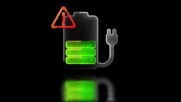 Looping neon glow effect battery charging icon Low battery warning, black background video