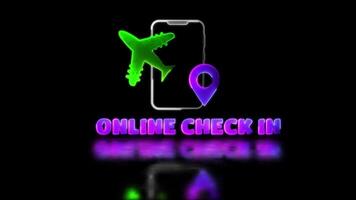 Looping neon glow effect Flight check-in icon, black background video