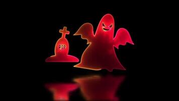 Neon glow effect looping ghost icon walking around grave, Halloween, black background. video