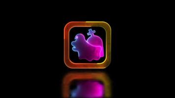 Neon glow effect looping ghost icon walking around grave, Halloween, black background. video