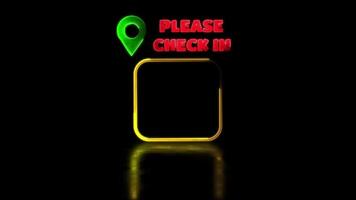 Looping neon glow effect Place check-in frame, black background video