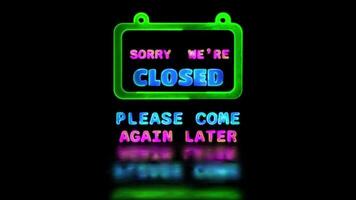 Looping neon glow effect Closed shop sign icon, black background video