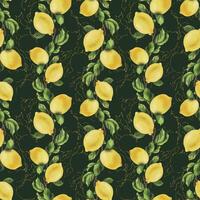 Lemons are yellow, juicy, ripe with green leaves, flower buds on the branches, whole and slices. Watercolor, hand drawn botanical illustration. Seamless pattern on a green background vector EPS