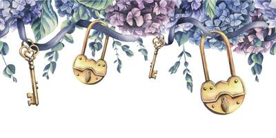 Golden keys and locks suspended on a dark blue ribbon with hydrangea flowers and eucalyptus branches. Hand drawn watercolor illustration. Seamless border isolated from the background vector