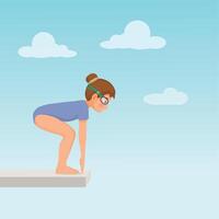 Cute little girl in swimsuit and goggle standing on springboard preparing to jump dive into the swimming pool vector