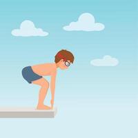 Cute little boy in swimsuit and goggle standing on springboard preparing to jump dive into the swimming pool vector