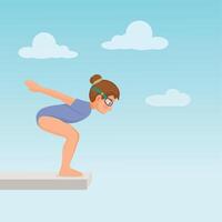 Cute little girl in swimsuit and goggle standing on springboard ready to jump dive into the swimming pool vector