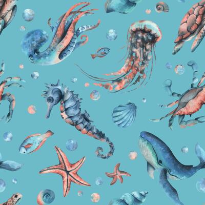 Underwater world clipart with sea animals whale, turtle, octopus, seahorse, starfish, shells, coral and algae. Hand drawn watercolor illustration. Seamless pattern on a blue background vector EPS