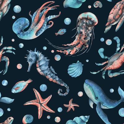 Underwater world clipart with sea animals whale, turtle, octopus, seahorse, starfish, shells, coral and algae. Hand drawn watercolor illustration. Seamless pattern on a dark background