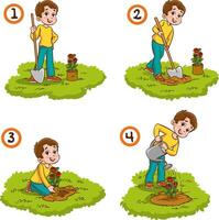 vector illustration of kids planting trees in the garden