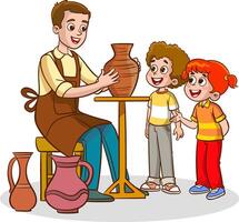 Vector Illustration of Young Man Showing Children How to Make Clay