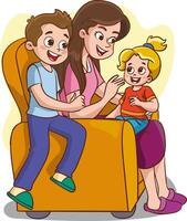 vector illustration of a Mother and kids Sitting on a Couch in the Living Room