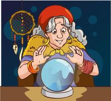 Gypsy fortune teller with crystal ball and a table. Cartoon illustration of woman oracle vector