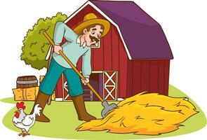 vector illustration of a cute farmer standing in front of his farmhouse.