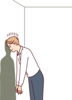 Depressed man in hopeless situation is banging head against wall trying to come up with original solution to problem. Guy victim of hopeless situation needs psychological support or advice png