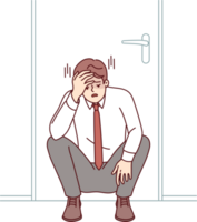 Frustrated businessman feels powerless when learns that company is approaching bankruptcy, sits sadly under door in office. Man manager made critical mistake and risks losing job and salary png