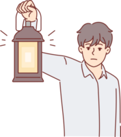 Man with kerosene lamp lights way in dark, looking for exit out of scary room, as metaphor for difficult times. Young guy is using old lantern with candles and is afraid of being in dark house. png