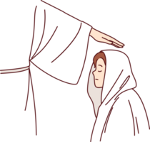 religiös ritual med initiering pojke in i broderskap, och hand av apostel i vit morgonrock ovan barn huvud. religiös ceremoni med sekt medlem under uttal av ed eller dop av Tonårs unge png