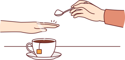 hand av person med diabetes och vägrar socker, beläggning kopp av te med handflatan till undvika öka i insulin. undviker socker på grund av till påverkan på diabetes och utseende av överskott vikt eller hud problem png