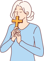 Catholic woman kisses christian cross, making ritual worshiping religious shrine and expressing respect to lord. Catholic girl with crucifix in hands thanks god for remission sins or makes confession png