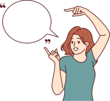 Woman promoter with smile points to speech bubble to place quote or marketing proposal. Teenage girl promoter in casual clothes stands near dialogue cloud with copy space for text. png