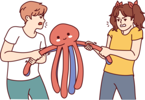 Children quarrel over toy and pull stuffed octopus in different directions, not wanting to compromise or share. Greedy boy quarrels with sister, refusing to share personal belongings png