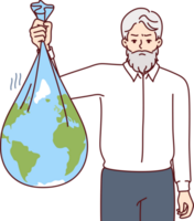 Old man litters environment by holding garbage bag in shape of planet earth, as metaphor for environmental pollution by business. Businessman reminds about importance of caring for environment png