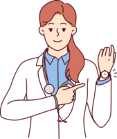 Woman doctor points to wristwatch reminding of medication schedule or time to visit clinic png