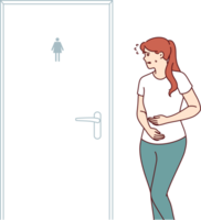 Woman suffering from diarrhea rushes to toilet standing near closed door due to stomach problems. Concept poor digestion causing diarrhea and need for help from gastroenterologist doctor png